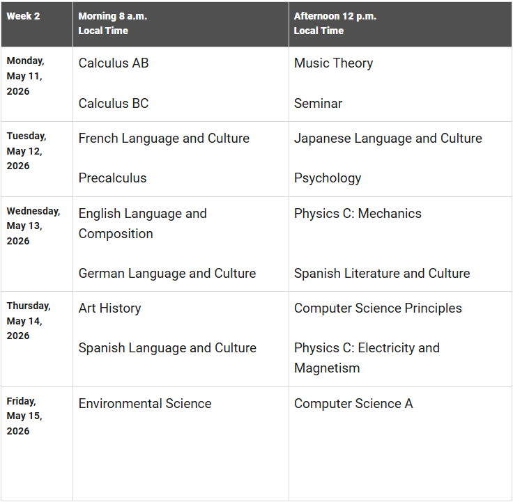 2026 AP Schedule - Week 2